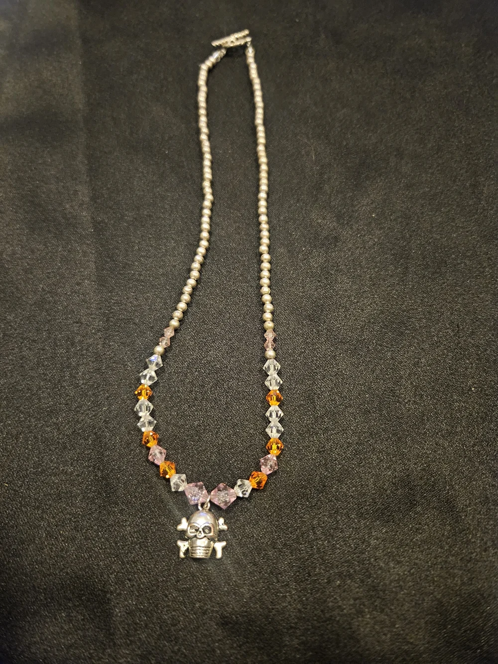 Beaded Skull Pendant Necklace in Pink, Orange and Clear